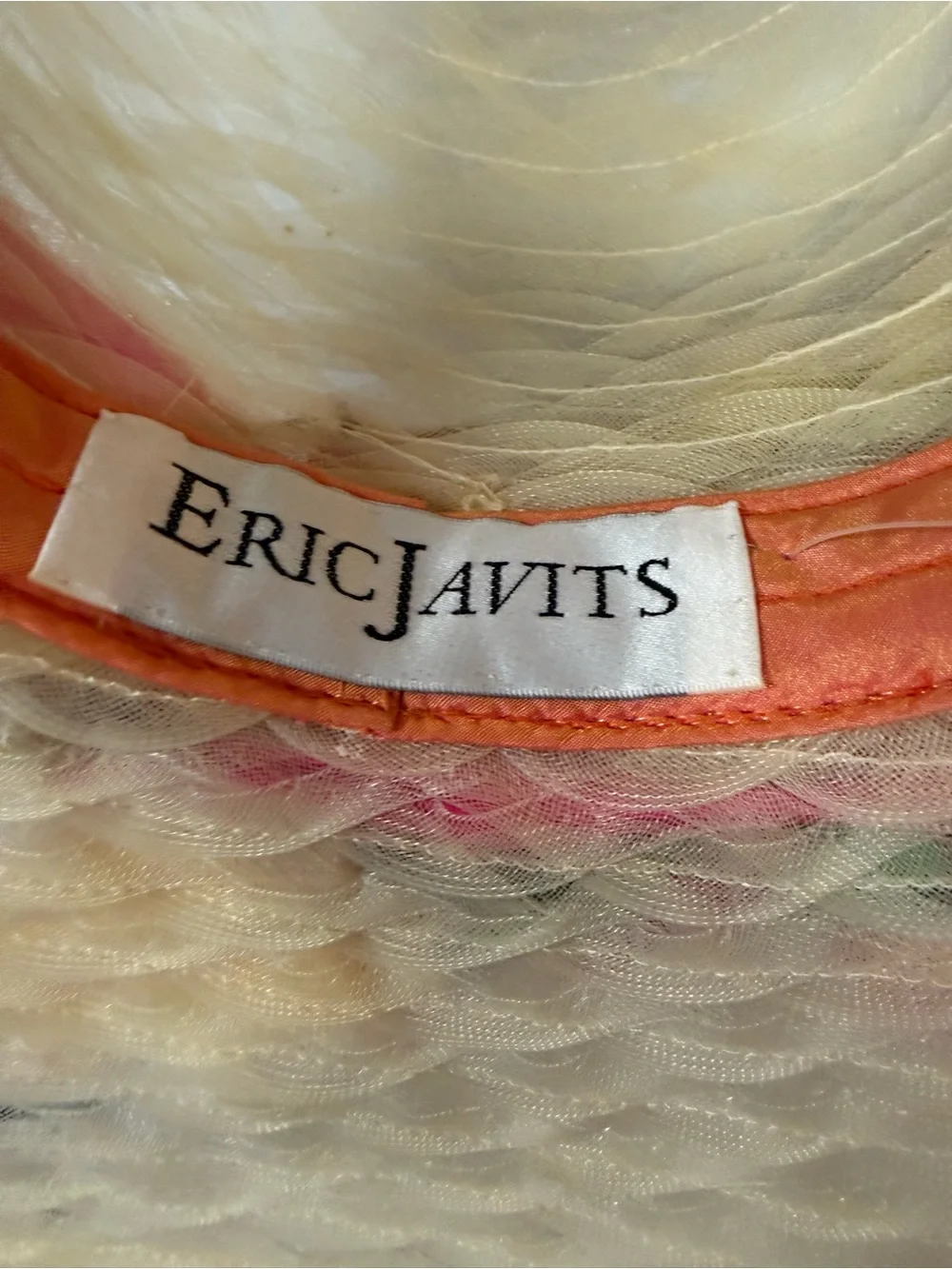 NWT Eric Javits Cream Wide-Brim Straw Hat with Pink Yellow Floral 17” - Picture 13 of 13